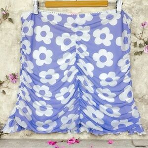Sugar Thrillz Floral Pollen In Love Stretchy Sheer Mesh Ruched Mini Skirt Lilac